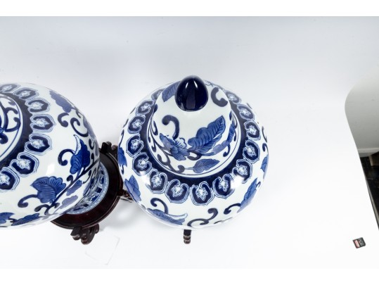 Pair Of Decorative Blue/White Porcelain Mei Ping Form Jars