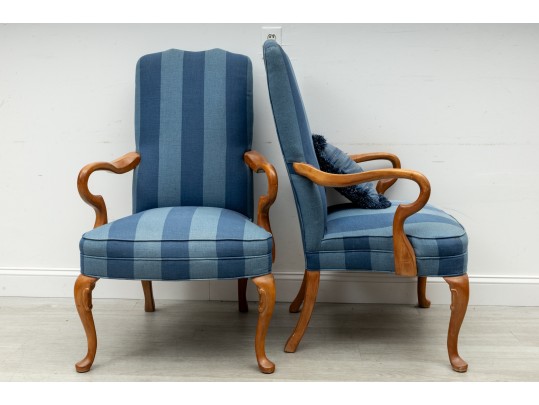 Pair Of Striped Navy Blue Gooseneck Armchairs