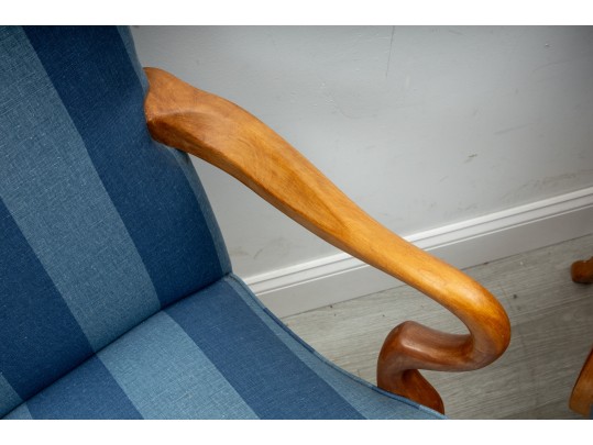 Pair Of Striped Navy Blue Gooseneck Armchairs