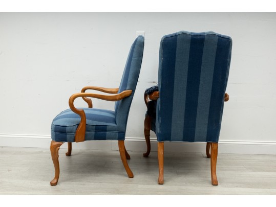 Pair Of Striped Navy Blue Gooseneck Armchairs