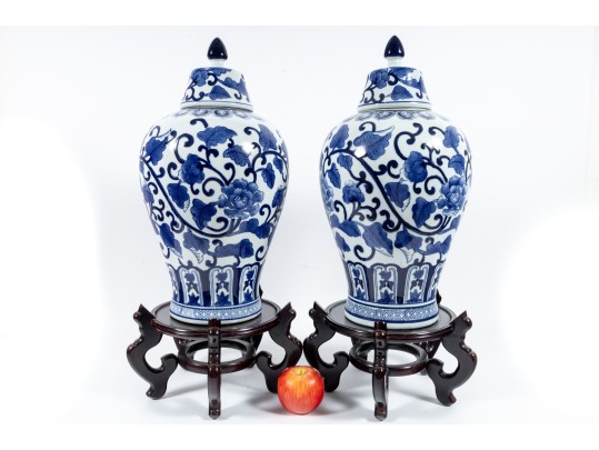 Pair Of Decorative Blue/White Porcelain Mei Ping Form Jars
