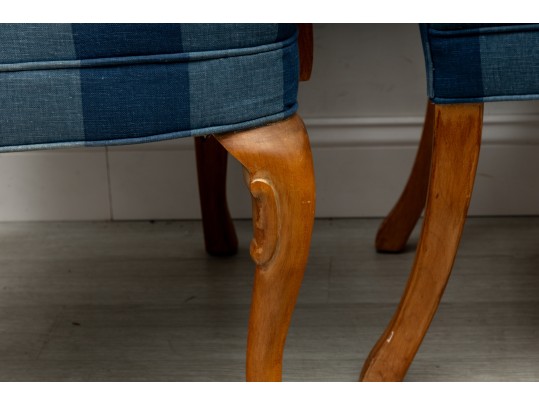 Pair Of Striped Navy Blue Gooseneck Armchairs