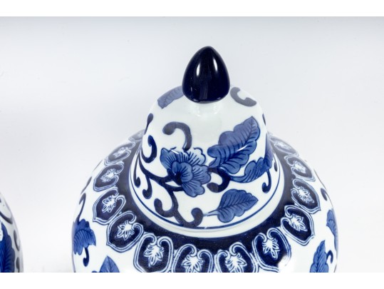 Pair Of Decorative Blue/White Porcelain Mei Ping Form Jars