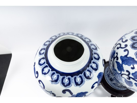Pair Of Decorative Blue/White Porcelain Mei Ping Form Jars