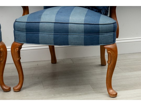 Pair Of Striped Navy Blue Gooseneck Armchairs