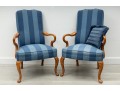Pair Of Striped Navy Blue Gooseneck Armchairs