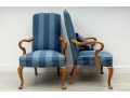 Pair Of Striped Navy Blue Gooseneck Armchairs