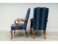Pair Of Striped Navy Blue Gooseneck Armchairs