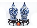 Pair Of Decorative Blue/White Porcelain Mei Ping Form Jars