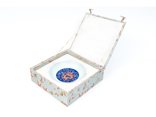 Chinese Porcelain Dragon Bowl With Underglaze Blue And Copper Red Enameled Decoration