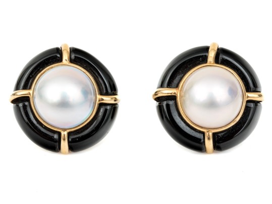 14k Beautiful Vintage Bartholomew Mazza Black Onyx And Cultured Mabe Pearl Earrings