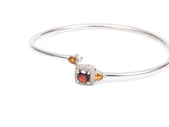 Sterling Silver Eye-catching Garnet, Citrine And White Topaz Halo Cuff Bracelet