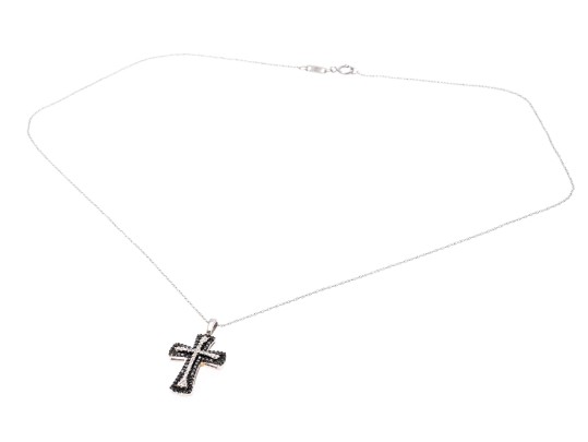 10K White Gold Necklace With Black And White Diamond Cross Pendant