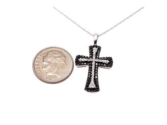 10K White Gold Necklace With Black And White Diamond Cross Pendant