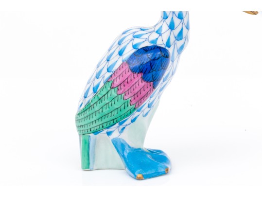 Herend Blue Fishnet Pelican Standing Figure, Hand-Painted