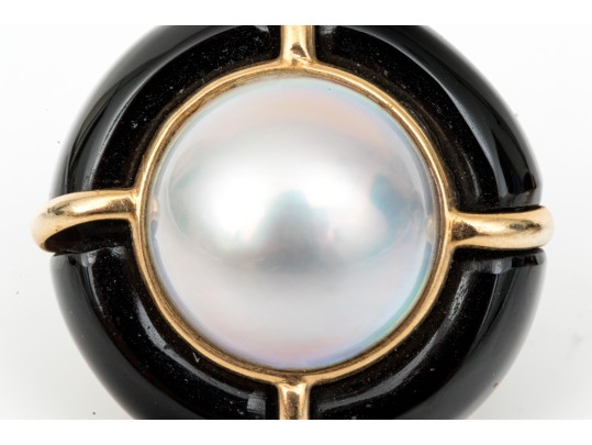 14k Beautiful Vintage Bartholomew Mazza Black Onyx And Cultured Mabe Pearl Earrings