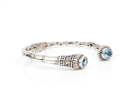 Sterling Silver Balinese Style Hinged Cuff Bracelet, Blue Topaz Set, 18k Highlights