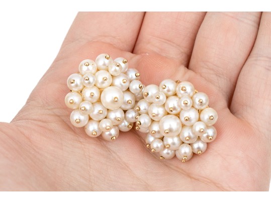 14k Yellow Gold Vintage Fabulous Cultured Pearl Cluster Clip On Earrings