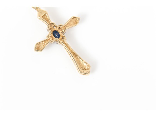 14k Yellow Gold Pretty Blue And White Halo Sapphire Cluster Ribbed Cross