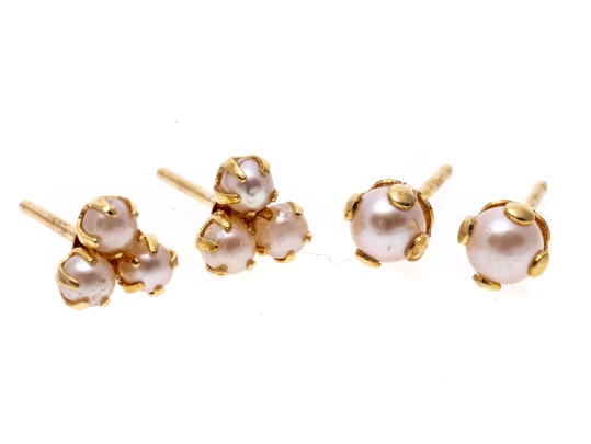 Two Pairs Of 14k Yellow Gold Cultured Pearl Stud Earrings