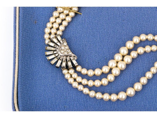 Vintage Richelieu Costume Pearl, Faux Diamond And Sterling Silver Choker Necklace, Boxed 