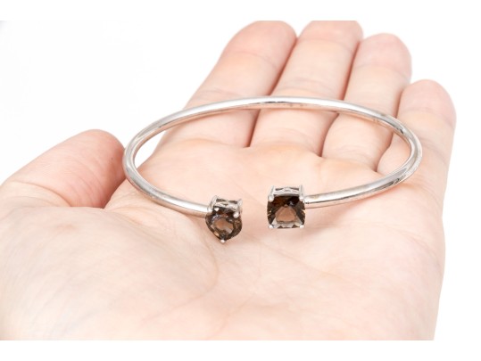 Sterling Silver Handsome Cushion And Heart Smoky Quartz Cuff Bracelet