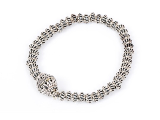 Striking Sterling Silver And Silver Plated Beaded Stretch Bracelet