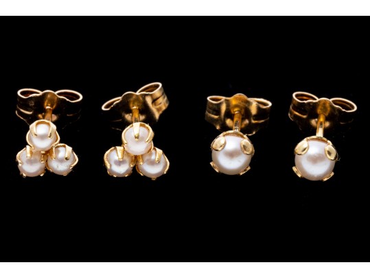 Two Pairs Of 14k Yellow Gold Cultured Pearl Stud Earrings