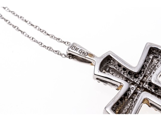10K White Gold Necklace With Black And White Diamond Cross Pendant