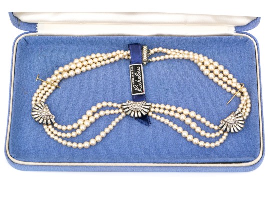 Vintage Richelieu Costume Pearl, Faux Diamond And Sterling Silver Choker Necklace, Boxed 