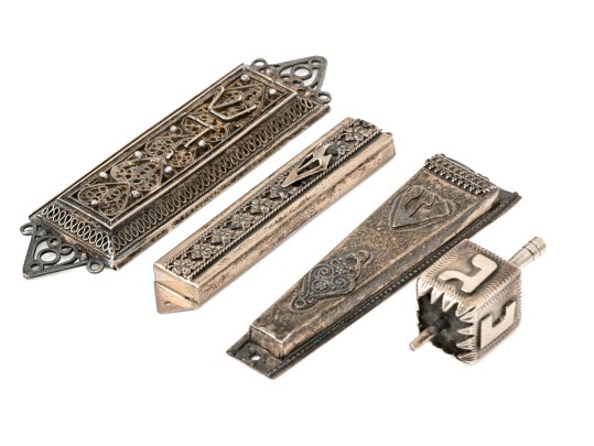Lot Of Four Judaica Pieces, Including Two Sterling Mezuzahs