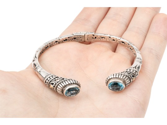 Sterling Silver Balinese Style Hinged Cuff Bracelet, Blue Topaz Set, 18k Highlights