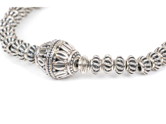 Striking Sterling Silver And Silver Plated Beaded Stretch Bracelet