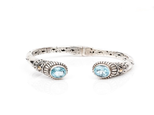 Sterling Silver Balinese Style Hinged Cuff Bracelet, Blue Topaz Set, 18k Highlights