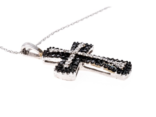 10K White Gold Necklace With Black And White Diamond Cross Pendant