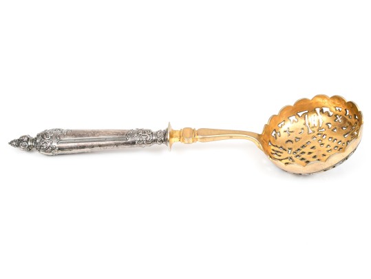 French Beautiful Pair Of Ornate Vintage 800 Silver Handled Pierced Servers