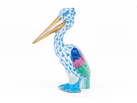 Herend Blue Fishnet Pelican Standing Figure, Hand-Painted