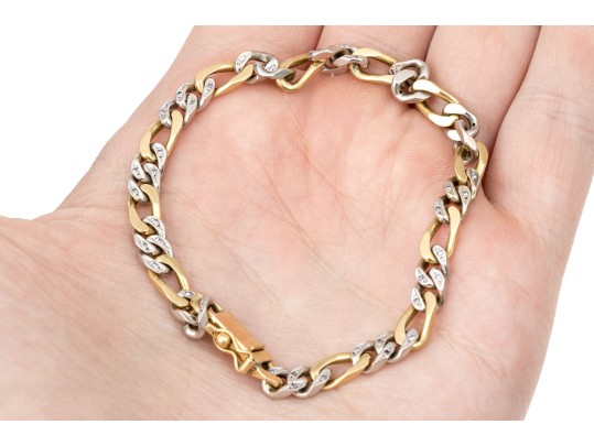 18k Yellow And White Gold Diamond Set Figaro Link Bracelet, App. 0.12 TCW