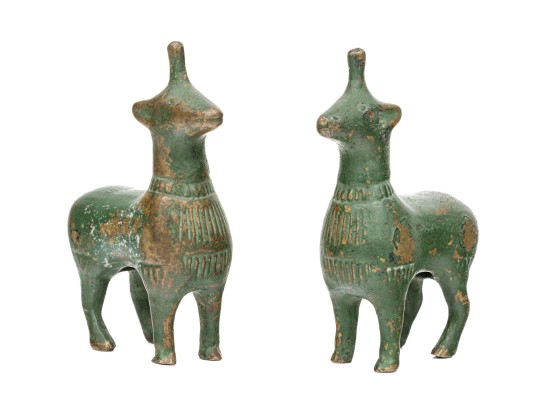 Pair Of Green Painted Cast Bronze Animal Figures