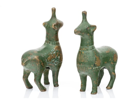 Pair Of Green Painted Cast Bronze Animal Figures