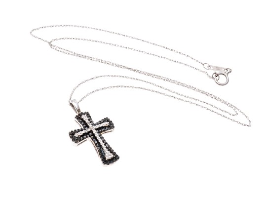 10K White Gold Necklace With Black And White Diamond Cross Pendant