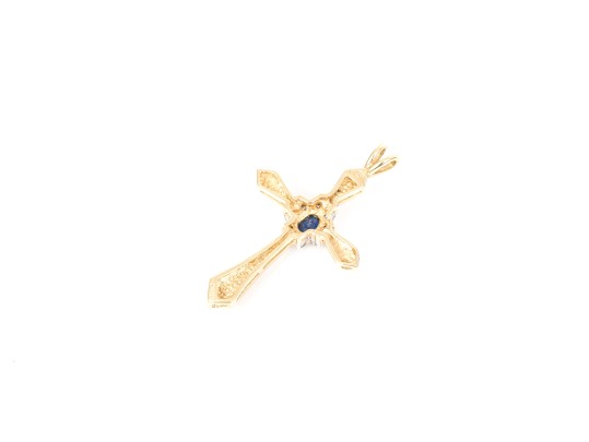 14k Yellow Gold Pretty Blue And White Halo Sapphire Cluster Ribbed Cross