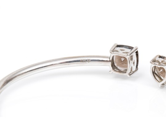 Sterling Silver Handsome Cushion And Heart Smoky Quartz Cuff Bracelet