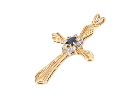 14k Yellow Gold Pretty Blue And White Halo Sapphire Cluster Ribbed Cross