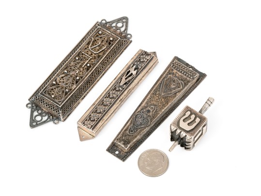 Lot Of Four Judaica Pieces, Including Two Sterling Mezuzahs