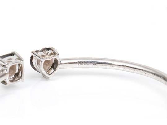 Sterling Silver Handsome Cushion And Heart Smoky Quartz Cuff Bracelet