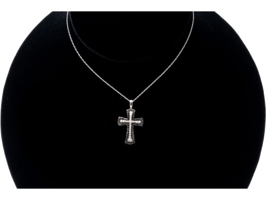 10K White Gold Necklace With Black And White Diamond Cross Pendant
