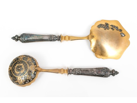 French Beautiful Pair Of Ornate Vintage 800 Silver Handled Pierced Servers