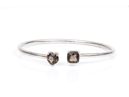 Sterling Silver Handsome Cushion And Heart Smoky Quartz Cuff Bracelet