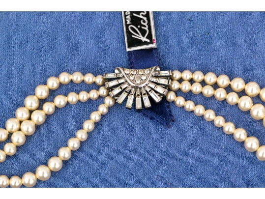 Vintage Richelieu Costume Pearl, Faux Diamond And Sterling Silver Choker Necklace, Boxed 